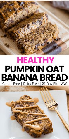 healthy pumpkin oat banana bread on a white plate