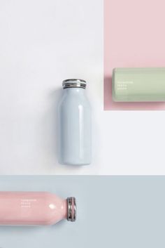 three different types of bottles and containers on the same color scheme, one is light pink, one is pale blue