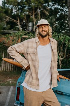 Surfer Outfits, Surfer Outfit, Surf Style Men, Surfer Guys, Plaid Long Sleeve Shirt, Surfer Style, Guys Clothing Styles, Long Sleeve Plaid Shirt