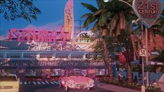 a pink car driving down a street next to tall palm trees and neon signs in the background