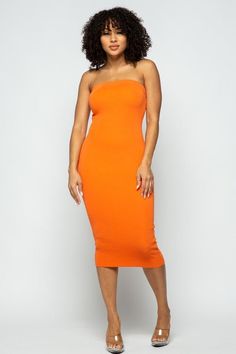 This Orange Tube Knit Midi Dress is a versatile and essential addition to any wardrobe. Made with a basic tube knit design, it offers comfort and style for any occasion. With its midi length, it provides a modern and flattering silhouette. A must-have piece for effortless and chic dressing. Fabric & fit: 70% RAYON 30% NYLON Model is wearing size small. Stretch Knit Midi Dress, Stretch Knit Midi Bodycon Dress, Stretch Knit Midi Length Bodycon Dress, Knit Stretch Midi Length Bodycon Dress, Seamless Bodycon Midi Dress, Spring Seamless Bodycon Midi Dress, Knit Bodycon Midi Dress, Knit Midi-length Bodycon Dress, Orange Stretch Midi Bodycon Dress