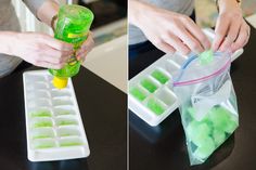 two pictures showing how to use ice cubes in storage bags