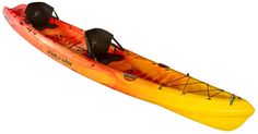 an orange kayak with two seats on the front and one in the back, against a white background