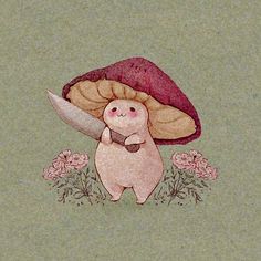 a drawing of a mushroom with a knife in it's hand and flowers around it