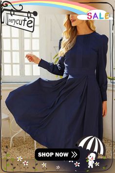 Women Vintage Solid Color Pleated Midi Dress Elegant Gowns Fall Fitted Pleated Maxi Dress, Modest Midi Dresses For Work, Modest Midi Length Dresses For Work, Modest Fitted A-line Long Sleeve Dress, Pleated Long Sleeve Midi Dress For Daywear, Solid Color Pleated Maxi Dress, Solid Pleated Maxi Dress, Fitted Long Sleeve Pleated Dress, Pleated Long Sleeve Dress For Spring Formal Occasions