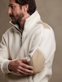 Supremely soft and warm, this luxurious half-zip sherpa instantly elevates the look of athletic sweaters.  Designed with thoughtful touches for the wearer, like a woven fabric zipper guard and elbow patches for distinguished appeal.  RELAXED FIT: Cut Sherpa Sweater, Mens Sherpa, Fleece Jackets, Fleece Quarter Zip, Sherpa Pullover, Mens Fleece, Elbow Patches, Pic Ideas, Winter Wear