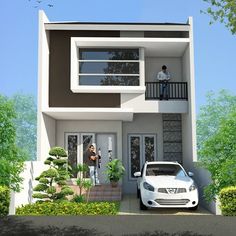 a white car parked in front of a two story house with balconies on the second floor