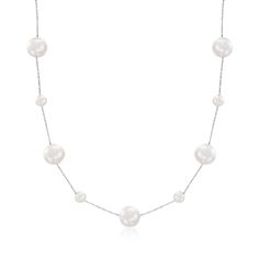 Ross-Simons - 5-10mm Cultured Pearl Station Necklace in 14kt White Gold. 20". Perfect for a night out on the town, our lustrous necklace boasts sophisticated shimmer. Luminous 5-10mm cultured freshwater pearls are stationed on a glittering rope chain of 14kt white gold. Springring clasp, white pearl station necklace. Pearl birthstones are the perfect gift for June birthdays. Pearl Rope, Pearl Birthstone, Jewelry Essentials, Necklace Pearl, Station Necklace, Pearl Types, Freshwater Cultured Pearls, Timeless Jewelry, Fine Jewellery Necklace