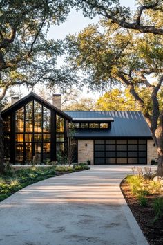 a modern house surrounded by trees and grass