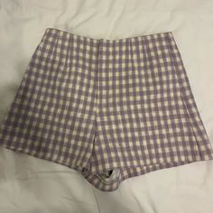 Gingham Light Purple And White Zara Shorts Size Small. Never Worn High Waist Plaid Summer Bottoms, Summer Plaid Bottoms For Day Out, Trendy Gingham Summer Shorts, Trendy Summer Gingham Shorts, Trendy Gingham Shorts For Summer, Trendy Gingham Bottoms Short Length, Trendy Gingham Bottoms In Short Length, Trendy Gingham Short Length Bottoms, Trendy Gingham Short Bottoms