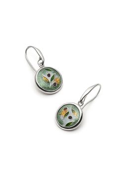 These olive branch earrings are entirely hand made. They are inspired by Mediterranean olive gardens.   These statement cloisonné earrings are an elegant gift (or why not, for yourself) that will attract attention and bring back beautiful summer memories. The earring is attached to a 1.6 cm sterling silver ear wire.   Earring dimensions: height: 1.5 cm, width: 1.5 cm   Fine silver earrings adorned with cloisonné enamel design. Earrings are set in a sterling silver (925) bezel. 24K gold leafs provide more depth and lustre to the earrings. As every piece is hand-crafted, your selected artwork may have a slight variation compared to the adjoining photograph.   You will receive this pair of earrings in an elegant jewelry box.   If you'd like to see a more detailed description of the process of Nature-inspired Drop Earrings With Lever Back Ear Wires, Green Botanical Drop Earrings Jewelry, Green French Hook Earrings, Botanical Green Drop Earrings, Green Botanical Drop Earrings, Cloisonne Earrings, Branch Earrings, Wire Earring, Round Dangle Earrings