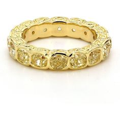 Ninacci 18K Yellow Gold Fleur-de-lis Eternity Band with Fancy Yellow Cushion Diamonds - 4.60 Carat Total Diamond Weight - Size 6.25 Yellow Diamond Eternity Band, Gold Anniversary Bands, Fancy Yellow Diamond Ring, Yellow Cushion, Special Occasion Jewelry, Yellow Diamond Rings, Fancy Yellow Diamond, Diamond Birthstone, Cushion Diamond