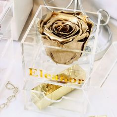 a clear box with a rose inside it