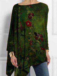 Women Casual Irregular Crew Neck Floral-print Long Sleeve Top Tunics Online, Tunic Tops Casual, Womens Tunics, Pullover Sweatshirts, Long Sleeve Casual, Style Retro, Fashion Prints, Long Sleeve Top, Casual Tops