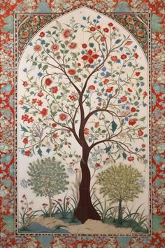 an ornate tree with flowers and birds on it