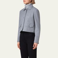 Akris punto raw cut short jacket in a felted wool-blend finish  Kent collar Snap button closure Long sleeves Front patch pockets  Hip length  Relaxed fit  Virgin wool/nylon/polyamide/cashmere Dry clean Made in Romania Wool Cropped Business Jacket For Winter, Wool Cropped Jacket For Business In Winter, Winter Wool Cropped Jacket For Business, Winter Business Wool Cropped Jacket, Tailored Wool Cropped Jacket For Winter, Wool Cropped Jacket With Lapel Collar For Fall, Wool Cropped Jacket For Office In Fall, Wool Cropped Jacket For Office And Fall, Wool Cropped Jacket With Lapel Collar For Winter