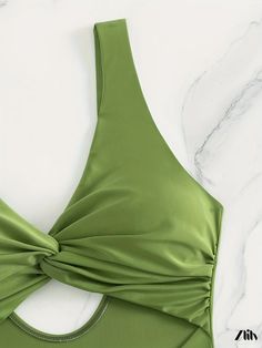 Zlily - Womens Green V-Neck One-Piece Swimsuit with Twisted Cut-Out and High-Cut Style - Exquisite Swimwear & Apparel Green Ruched Swimwear For Party, Green V-neck Swimsuit Bodysuit, V-neck Cutout Swimwear For Pool, Fitted V-neck Cutout Swimwear, Green V-neck Swimming Bodysuit, Green V-neck Beachwear Swimwear, High Cut, Cut And Style, One Piece Swimsuit