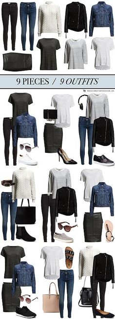 Contains affiliate links: black jeans/Twist & Tango HERE, blue jeans/Maison Scotch HERE, pullover/Gestuz HERE, leather jacket/J. Lindeberg HERE, denim jacket/Levis HERE, skirt/Gestuz HERE, grey T-shir Minimalisticky Chic, Travel Lunch, Indian Travel, Minimalist Moda, Minimal Wardrobe, Mode Tips, Clothes And Shoes, Fashion Capsule, Minimalist Wardrobe