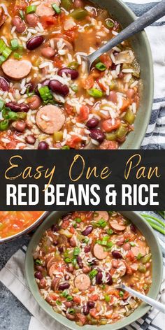 two bowls of red beans and rice with the title overlay that reads easy one pan red beans and rice