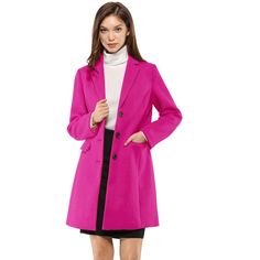 Be cozy in this warm winter coat which is cut with a notched lapel and versatile pockets for a feminine chic longline silhouette. Dress up the trench coat for an elegant chic look in Coffee shops, Shopping, Work, Office, Business, Weekend Gathering, Formal, and Outdoors in chilly winter. Simply pair it with sophisticated clutch bags and chic high-heeled shoes for an elegant look. Chic Pink Business Outerwear, Trendy Long Wool Coat For Work, Pink Lapel Collar Outerwear With Hidden Buttons, Pink Notch Lapel Outerwear With Single Button, Chic Single Breasted Long Pea Coat, Spring Wool Long Coat For Business Casual, Chic Single-breasted Long Pea Coat, Chic Long Wool Coat With Pockets, Spring Business Casual Long Wool Coat