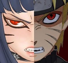 two anime characters with red eyes and black hair