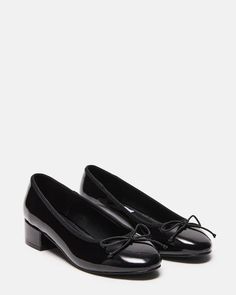 CHERISH Black Patent Slip-On Heels | Women's Heels – Steve Madden Black Shoes With Socks, Sixth Form Shoes, Prom Shoes Low Heeled, Steven Madden Shoes, Corporate Girly, Low Block Heel Pumps, Cactus Club, Outfit Collages, Money Clothes