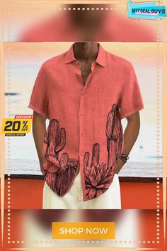 Men's Linen Shirt Summer Shirt Beach Shirt Turndown Summer Short Sleeve White Pink Blue Cactus Casual Daily Clothing Apparel Print Vacation Printed Tops With Casual Collar, Casual Printed Outdoor Tops, Casual Tops With Casual Collar For Outdoor, Casual Hawaiian Shirt With Casual Collar For Vacation, Casual Long Sleeve Hawaiian Shirt, Relaxed Fit Short Sleeve Shirt With Plant Print, Casual Camp Collar Tops For Beach Season, Casual Summer Tops With Plant Print, Casual Tops For Beach Season