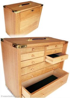 a wooden dresser with drawers and an open drawer on the bottom shelf, both side by side