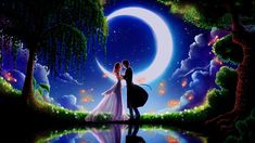 a man and woman are standing in front of the moon with their arms around each other