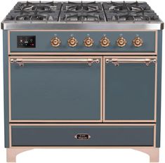 a blue and beige stove top oven with two burners