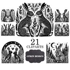 an image of rabbits and plants with the words 21 cliparts written in black ink