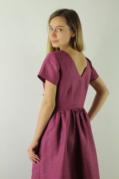 "Write the selected color in the message Handmade fuchsia linen dress with short sleeves and 2 pockets , perfect for casual wear and suitable for any occasion in any season Details: - 100% natural linen produced in Europe ; - medium weight (180 gram per square meter); - color:fuchsia, could be any from our colors catalog (color samples at the photo); Made to order, approximately a few days, If you have any questions please message me and I will be glad to answer. Size guide : Size XS Bust: fits Elegant Short Sleeve Linen Dress With Relaxed Fit, Summer Cotton Short Sleeve Mini Dress, Elegant Relaxed Fit Short Sleeve Linen Dress, Chic Short Sleeve Linen Mini Dress, Chic Linen Mini Dress With Short Sleeves, Linen Short Sleeve Mini Dress For Summer, Linen Short Sleeve Mini Dress, Summer Linen Mini Dress With Short Sleeves, V-neck Linen Dress With Pockets