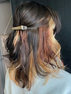 calico hair trend Peekaboo Hair On Short Hair, Calico Underneath Hair, Chunky Multi Colored Highlights, Skunk Stripe Hair Color Ideas, Calico Hair On Brown Hair, Short Calico Hair Dye, Calico Hair Sectioning, Subtle Calico Hair Brown, Muted Calico Hair