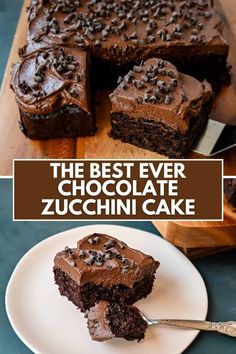 the best ever chocolate zucchini cake is cut into squares and served on a white plate