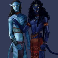 two people dressed up as avatars with blue skin and black hair, standing next to each other