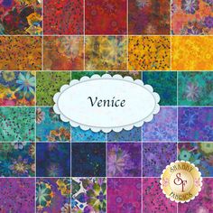 an assortment of colorful fabric with the word venice on it in front of a white frame