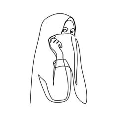 a line drawing of a woman talking on the phone with her hand over her face