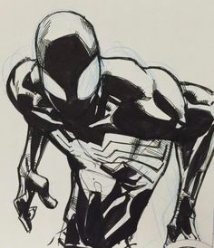 a black and white drawing of a spider man with his hands on his hipss