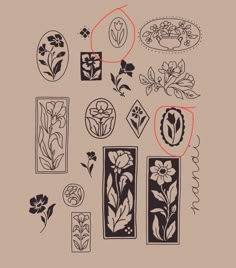 an assortment of flower designs on a brown background