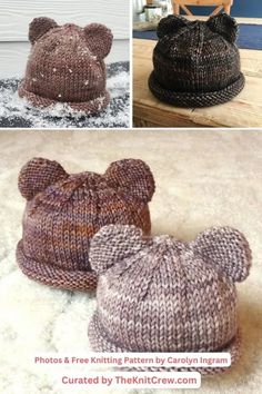 three pictures of knitted hats with teddy bears on them, one is brown and the other is tan