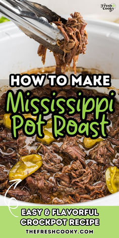 Tongs pulling shredded Mississippi pot from the crockpot with pepperoncini peppers for an amazing meal. Mississippi Pot Roast Recipe, Slow Cooker Mississippi Pot Roast, Mississippi Roast Recipe, Slow Cooker Pot Roast Recipes, Pot Roast Crock Pot Recipes, Hashbrown Casserole Recipe, Slow Cooker Italian Beef, Mississippi Pot, Slow Cooker Bbq Chicken