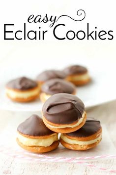 chocolate covered cookies on a plate with the words easy eclair cookies in the background