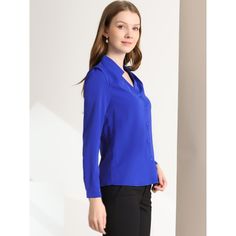 This shirt is elegant and charming for workwear or a day-to-night look, with a cut-out v-neck and unique shoulder details. No-see-through chiffon fabric and stylish v-neck make it a perfect choice for work, office, and daily wear. Pair this work office shirt with a pencil skirt, work pants, or casual jeans. The return of a classic, this button-up shirt is cut from in a chiffon sateen in an always flattering fit-and-flare silhouette. Model Body Size: Height: 5'9", Chest: 33 inches, Waist: 24 inch V Neck Long Sleeve Shirt, Office Blouse, The Office Shirts, Button Up Long Sleeve, Chiffon Shirt, Work Office, Night Looks, Women's Shirts, Chiffon Fabric