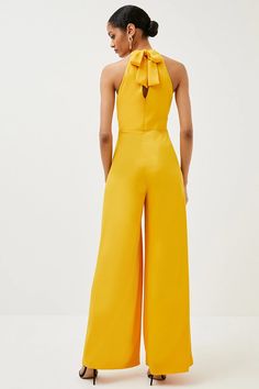 Soft Tailored Halter Neck Wide Leg Jumpsuit | Karen Millen Backless Jumpsuits And Rompers For Spring Formal, Backless Formal Jumpsuits And Rompers For Spring, Backless Formal Jumpsuit For Spring, Formal Backless Jumpsuit For Spring, Halter Neck Jumpsuits And Rompers For Spring Evenings, Spring Evening Halter Neck Jumpsuits And Rompers, Elegant Evening Jumpsuit With Tie Back, Chic Jumpsuits And Rompers With Back Zipper For Party, Sleeveless Evening Jumpsuit With Tie Back