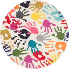 multicolored handprint rug on white background with circular design in the shape of people's hands