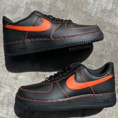 Orange stitched custom on an authentic black AF1. Sizing Details Air Force 1's run big, so we recommend customers choose a half size smaller than their usual size. **Sizes listed are Men sizes, equivalent women sizes can be seen in size chart on the last slide** Black Nike Air Force 1 Casual Fade-resistant, Customizable Black Casual Sneakers, Black Nike Air Force 1 Fade-resistant For Streetwear, Customizable Low-top Black Sneakers, Customizable Black Low-top Sneakers, Customizable Black Sneakers With Round Toe, Custom Black Low-top Sneakers, Custom Black Sneakers For Sports, Custom Black Sneakers For Streetwear