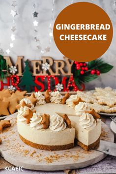 Taking a slice of no bake gingerbread cheesecake, on a festive dessert table with Christmas desserts and decorations. Christmas Baking Cheesecake, Gingerbread Crust Cheesecake, Easy Gingerbread Cheesecake, Gingerbread No Bake Cheesecake, Easy Holiday Cheesecake, Gingerbread Cheesecake Recipes, Holiday Cheesecake Recipes Christmas, No Bake Gingerbread Cheesecake