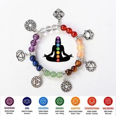 PRICES MAY VARY. 7 Chakra Crystal Gemstones Alloy Dangle Charms Bracelet 100% made by natural stone. Include Clear quartz, Red Agate, Yellow Agate, Tiger eye, Aventurine, Lapis lazuli, Amethst. Correspond to different chakras. 7chakra healing bracelet Length(Elastic): 7 inches (17.78cm) / Beads Size: 0.31 inches (0.8cm). Chakra bracelet is usually made up of seven different colored beads. Its purpose and meaning is to help balance your seven energy centers. and will boost up the positive growth Protection Energy, Chakra Beads, Meditation Bracelet, Chakra Yoga, Seven Chakras, Gems Bracelet, Crystal Healing Bracelets, 7 Chakra, Chakra Bracelet