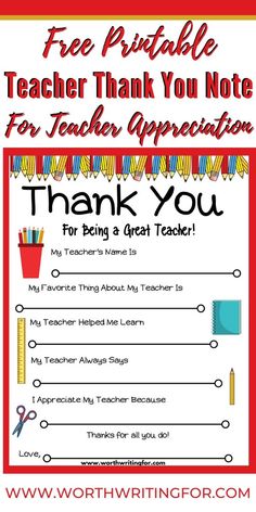 thank you teacher appreciation card with the words, free printable teacher thank you note for teachers