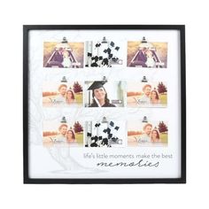 Highlight cherished memories with this Prinz 24' X 24' Reversed Box Wall Hanging Collage Picture Frame. Alongside nine of your favorite 4 x 6 photographs, screen-printed wording reads "Life's Little Moments Make the Best Memories". Hang in a living room, entryway, office, or more. With its timeless black finish and elegant, simple design, this wall collage would be a lovely complement to any home or office. Size: 24' X 24' X .75'. Collage Picture Frame, Picture Frame Sizes, Album Frames, Hanging Picture Frames, Collage Picture Frames, Picture Frame Shop, Wall Frame, Collage Wall, Tree Design